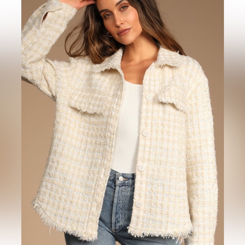 Lulus Take Notes Ivory Plaid Tweed Shacket